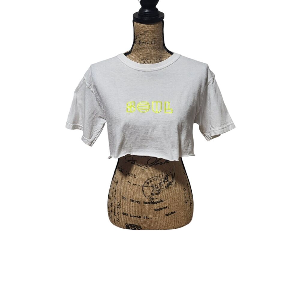 Soul Cycle x Paradised white/yellow retro crop short sleeve tee, size small